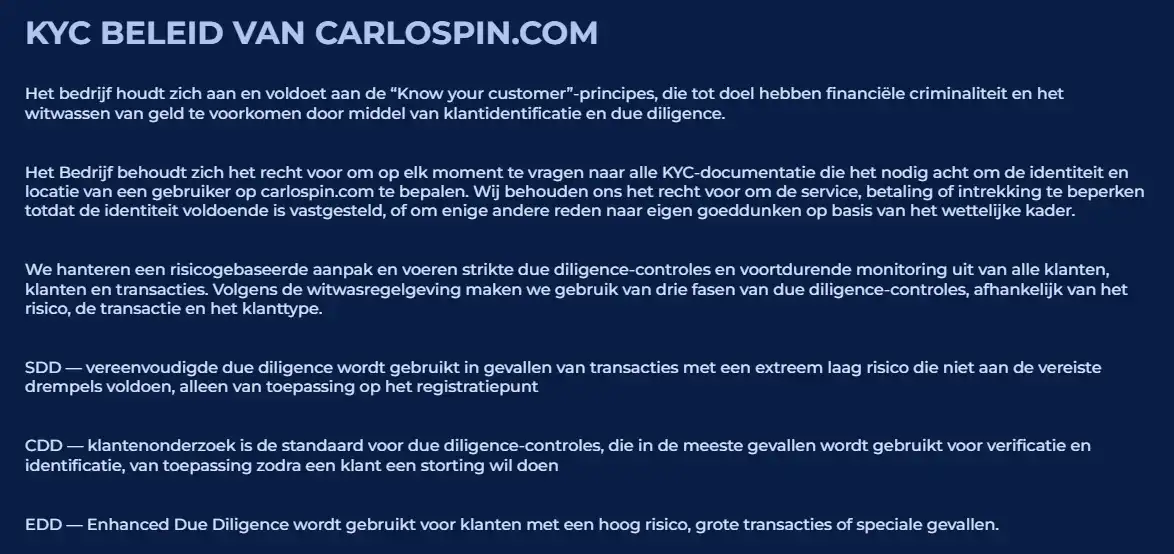 Officiële Carlospin voorwaarden over uitbetaling en verificatie