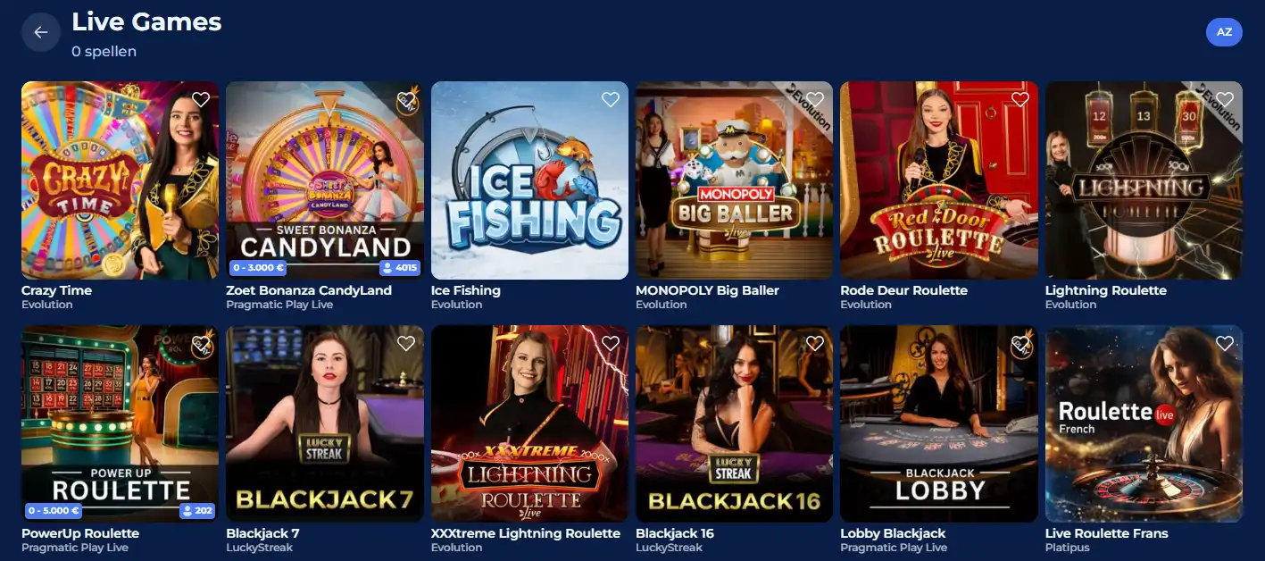 Actuele Carlospin livecasino-lobby met live tafels en providerlabels