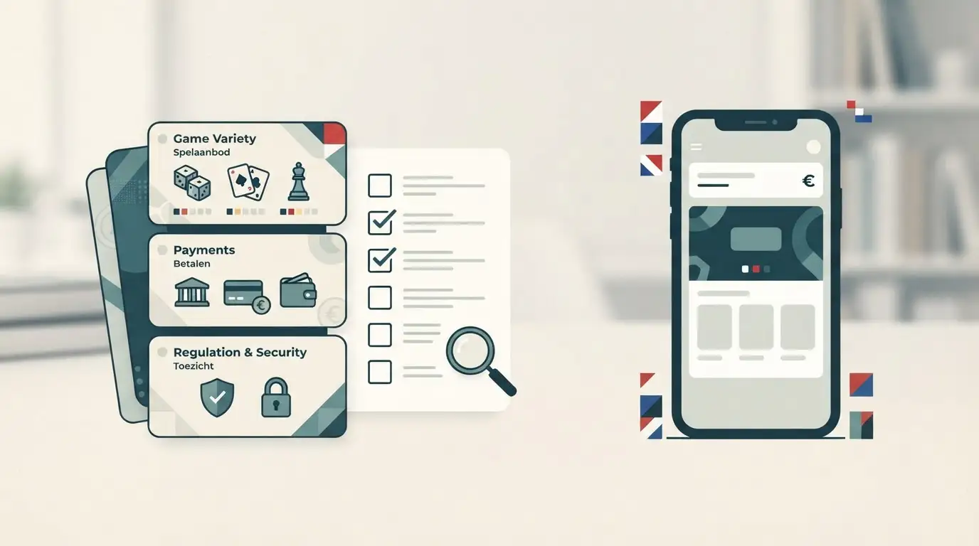 Illustratie van een Nederlandse casino-overzicht met checklist, eurobetalingen en mobiel gebruik