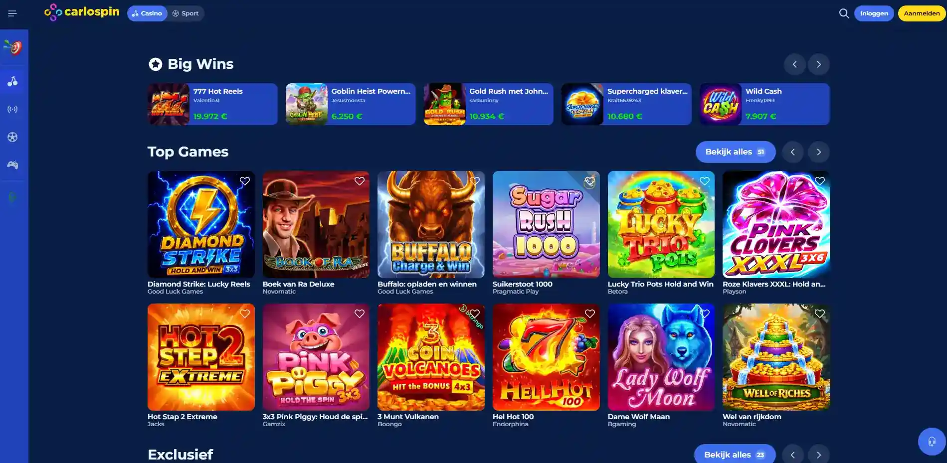 schermbeeld van de actuele Carlospin-homepage met gamecategorieën